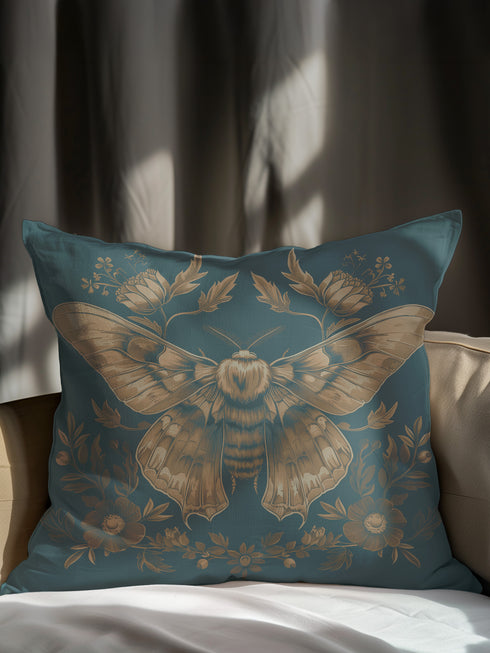 Decorative pillow cover featuring a large golden moth or butterfly design with detailed wings, surrounded by floral motifs and botanicals, printed on a deep teal blue linen fabric background.